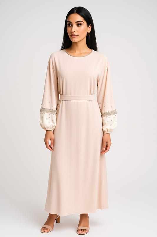 Elegant Maxi Dress with Crystal-Embellished Cuff Sleeves