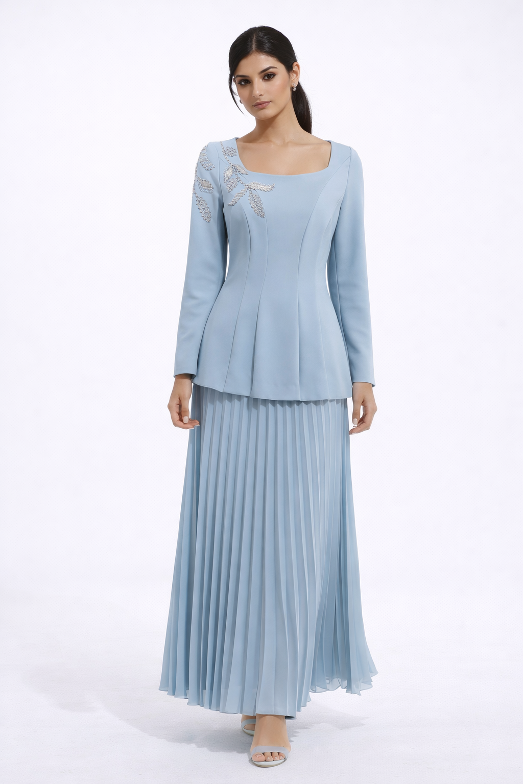 Embellished Bodice Maxi Dress with Pleated Skirt
