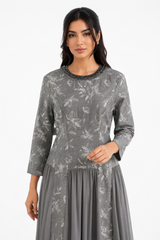 Embellished Neckline Printed Panel Dress with Chiffon Flare