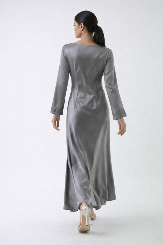 Draped Satin Maxi Dress with Handcrafted Embellished Cuffs