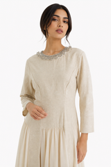 Embellished Neckline Printed Panel Dress with Chiffon Flare