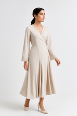 Elegant Wrap-Style Midi Dress with Bead-Embellished Sleeves