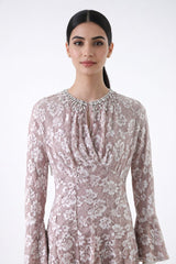 Embellished Lace Maxi Dress with Bell Cuffs