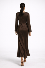 Draped Satin Maxi Dress with Handcrafted Embellished Cuffs