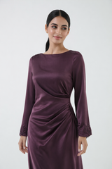 Draped Satin Maxi Dress with Handcrafted Embellished Cuffs