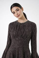 Embellished Lace Maxi Dress with Bell Cuffs