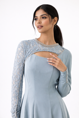 Embellished Lace-Sleeve Maxi Dress