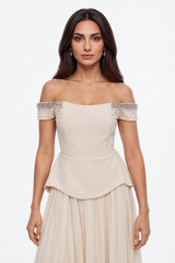 Embellished Cold-Shoulder Pleated Dress