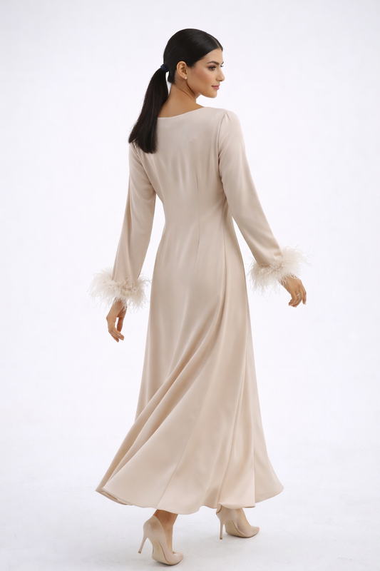 Pleated Waist Maxi Dress with Feather-Trimmed Cuffs