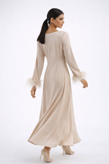 Pleated Waist Maxi Dress with Feather-Trimmed Cuffs