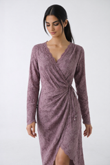 Elegant Lace Wrap Midi Dress with Asymmetrical Hem