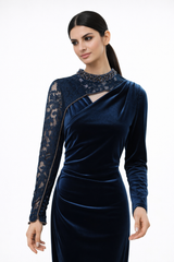 Velvet Maxi Dress with Lace Sleeve and Embellished Details