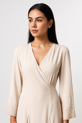 Elegant Wrap-Style Midi Dress with Bead-Embellished Sleeves