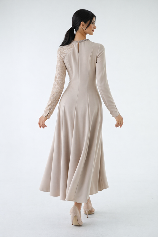Embellished Lace-Sleeve Maxi Dress
