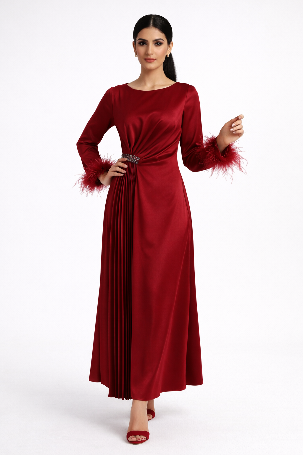 Pleated Waist Maxi Dress with Feather-Trimmed Cuffs