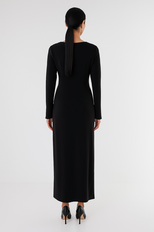 Draped Wrap-Front Long Dress with Embellished Sleeve Slits