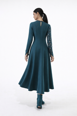 Embellished Lace-Sleeve Maxi Dress