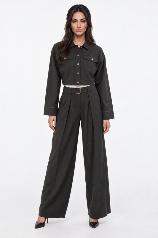Cropped Utility Jacket with Metallic Button Details