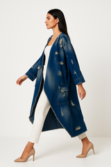 Distressed Denim Longline Coat with Raw-Edge Detailing