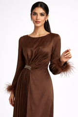 Pleated Waist Maxi Dress with Feather-Trimmed Cuffs