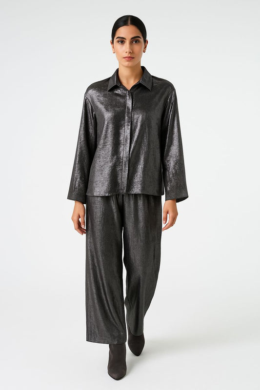 Metallic Finish Wide-Leg Pant