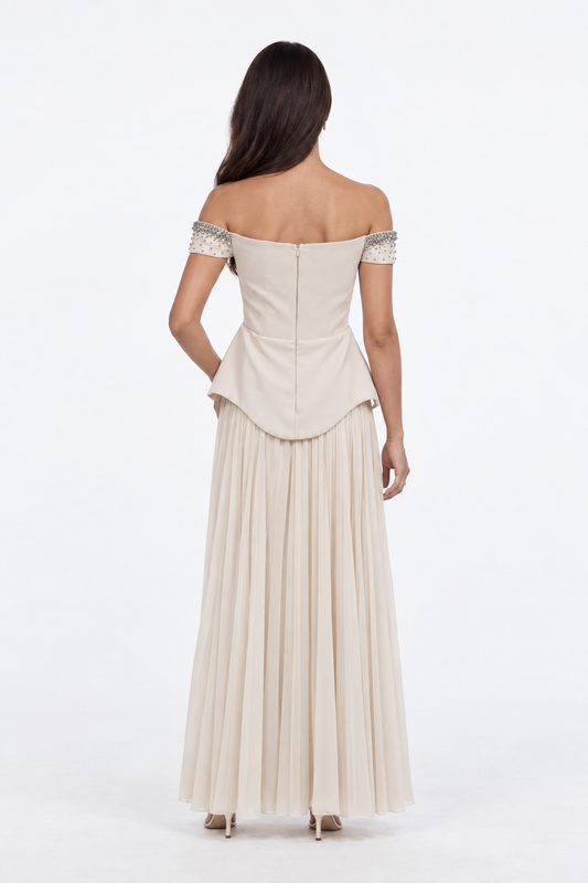 Embellished Cold-Shoulder Pleated Dress