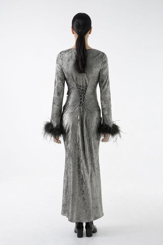 Asymmetrical Textured Maxi Dress with Feathered Cuffs