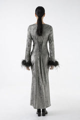 Asymmetrical Textured Maxi Dress with Feathered Cuffs
