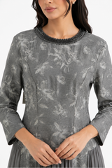 Embellished Neckline Printed Panel Dress with Chiffon Flare