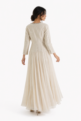 Embellished Neckline Printed Panel Dress with Chiffon Flare