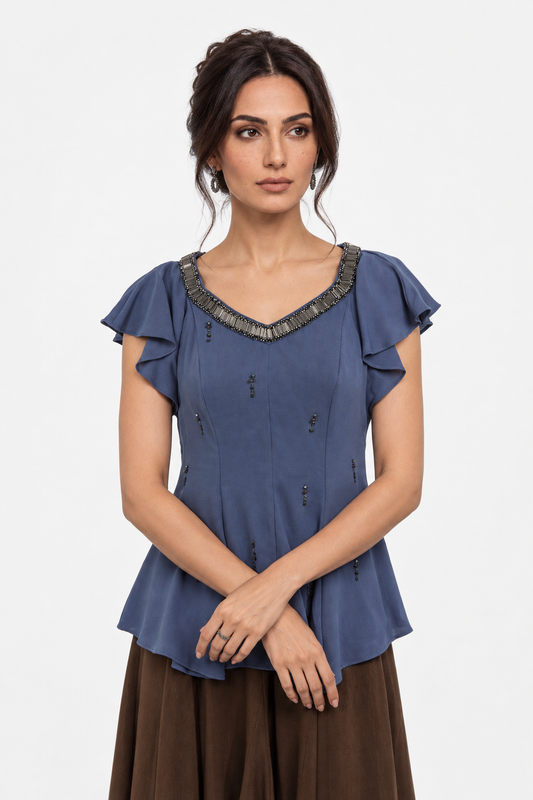 Embellished Scoop Neckline Flutter Sleeve Top