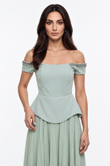 Embellished Cold-Shoulder Pleated Dress
