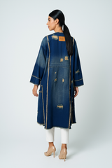 Distressed Denim Longline Coat with Raw-Edge Detailing