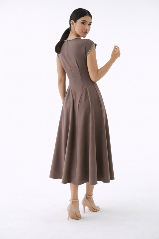 The Elara Embellished Trim Midi Dress