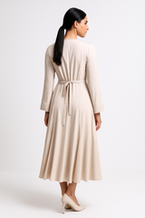 Elegant Wrap-Style Midi Dress with Bead-Embellished Sleeves