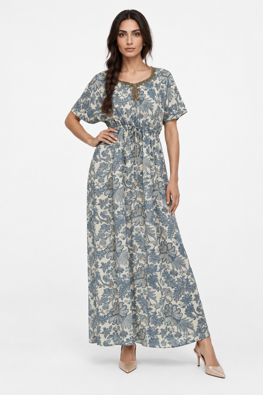Embellished Neck Floral Maxi Dress