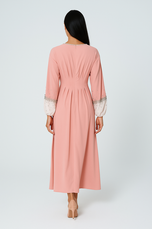 Elegant Maxi Dress with Crystal-Embellished Cuff Sleeves