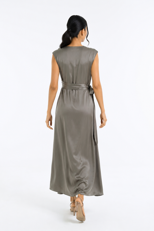 Satin Wrap-Effect Dress with Side Tie