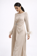Pleated Waist Maxi Dress with Feather-Trimmed Cuffs