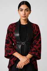 كيمونو مطبوع بياقة جلد صناعي