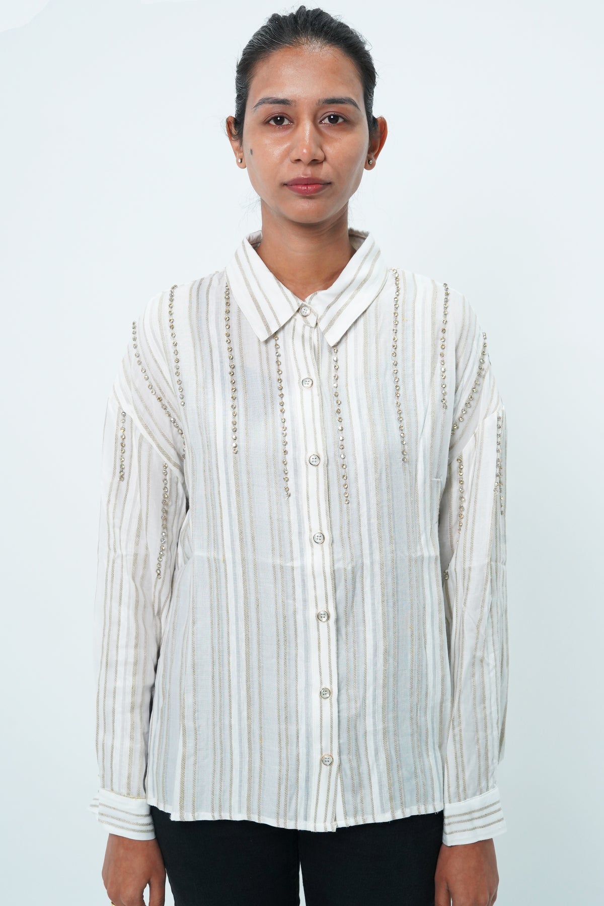 Embellished Striped High-Low Shirt