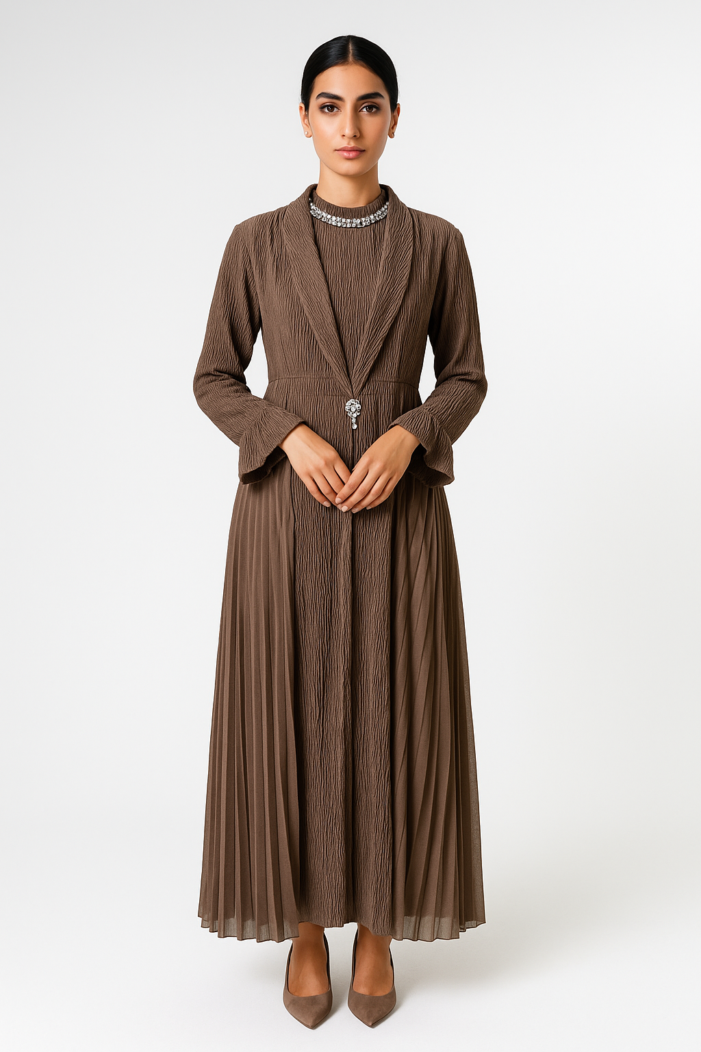 Textured 2-Piece Maxi Set (Sleeveless Dress + Mixed-Fabric Cardigan)