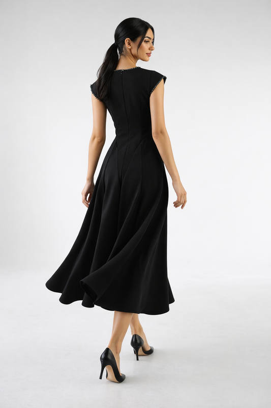 The Elara Embellished Trim Midi Dress