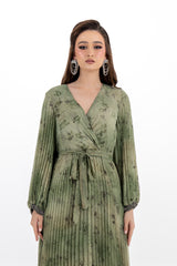 Pleated V-Neck Maxi Dress with Tie Waist