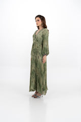 Pleated V-Neck Maxi Dress with Tie Waist