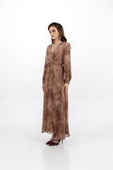 Pleated V-Neck Maxi Dress with Tie Waist
