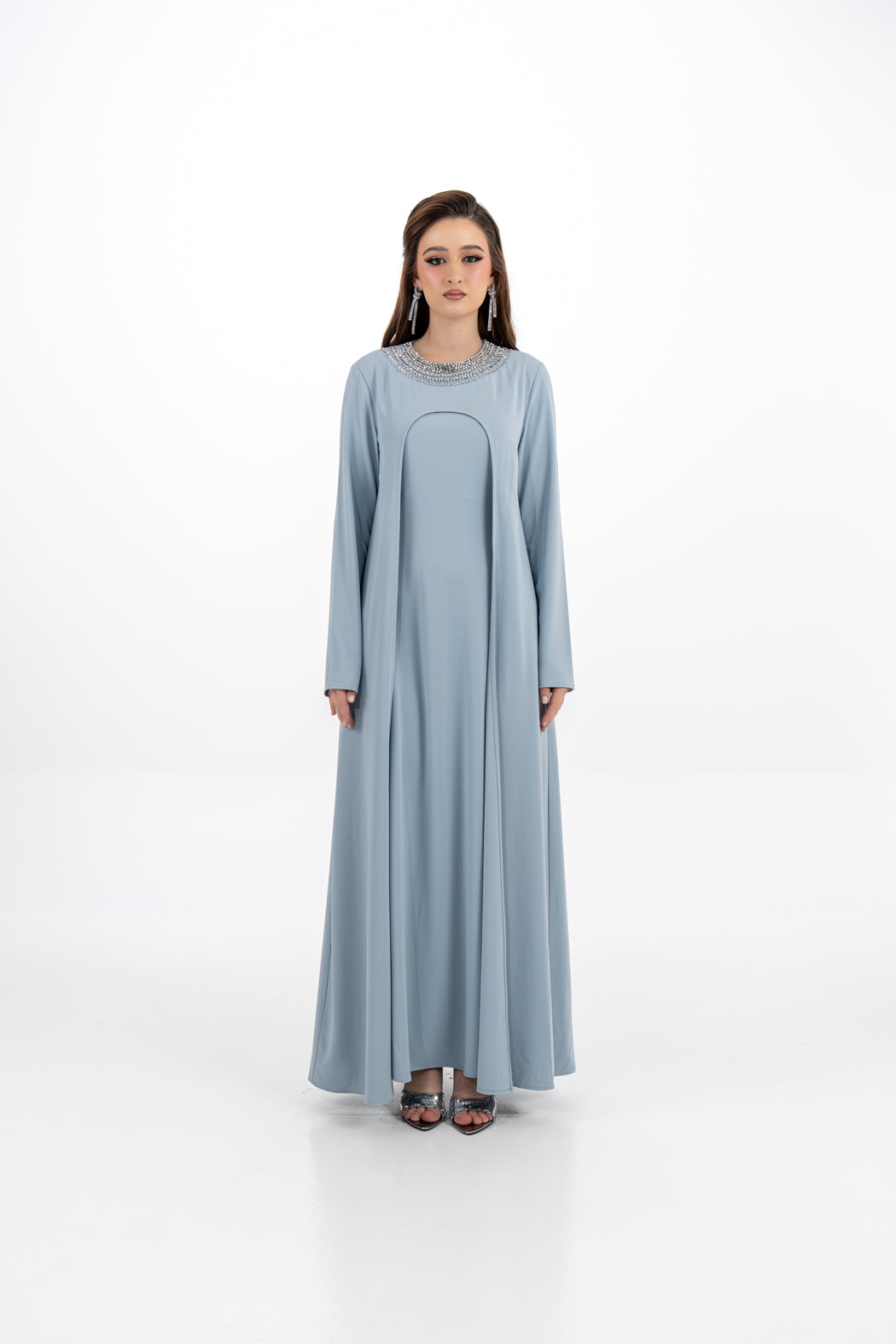 Embellished Collar Dress with Long Cardigan