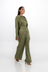 Draped Satin Pants with Metallic Leaf Embellishments