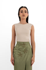 Draped Satin Pants with Metallic Leaf Embellishments