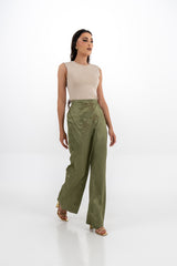 Draped Satin Pants with Metallic Leaf Embellishments